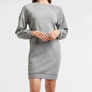 Express Brand Size L Pearl Embellished Sweatshirt Dress Grey Knee Length